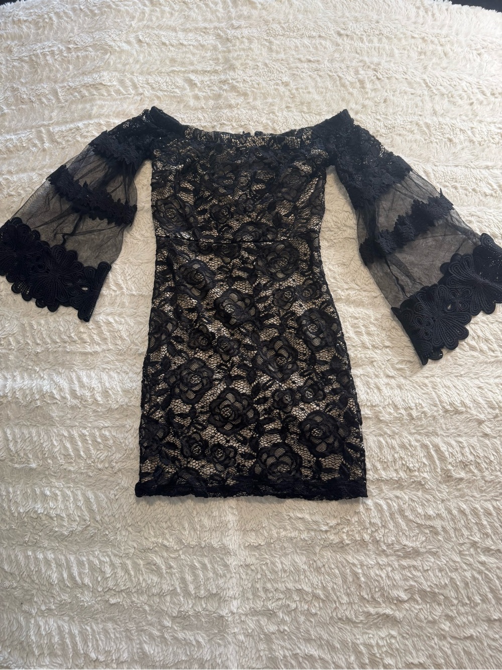 Venus Black Off Shoulder Lace Dress Small Bell Sleeve Cocktail Date Night